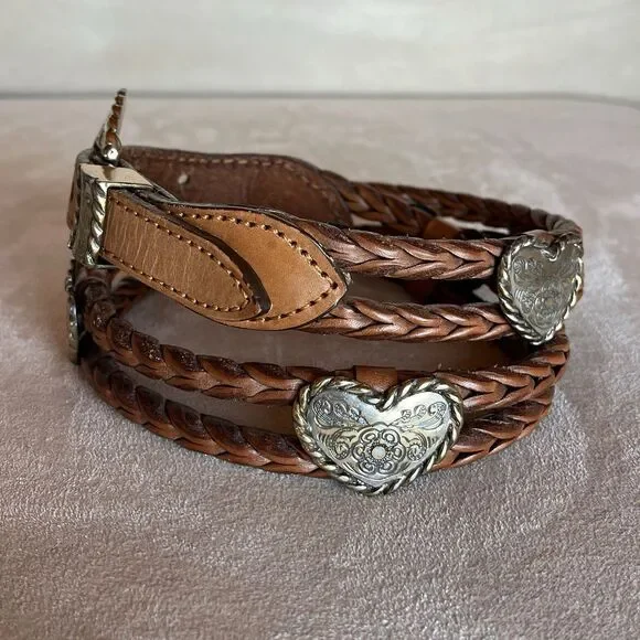 Brighton Double Braided Cowgirl Leather Belt Silver Heart Concho 71706 Size 30 - Picture 8 of 12